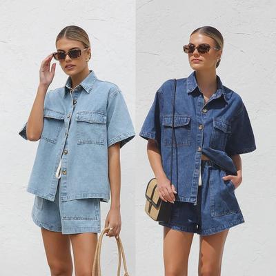 Summer 2025 Women's Casual Loose Denim Short-Sleeve Pocket Shirt & Shorts Set