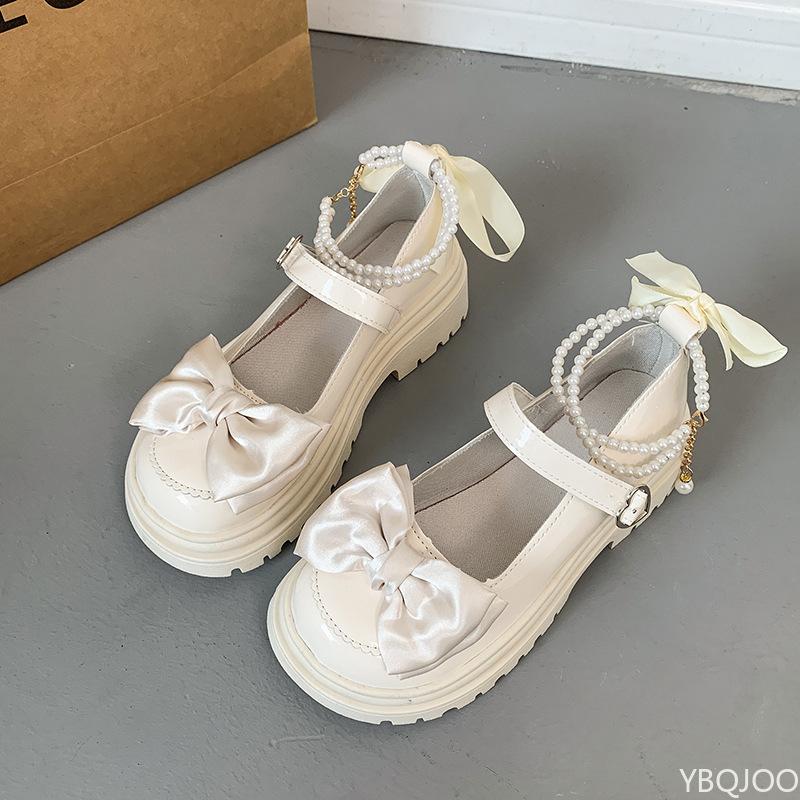 Mary Jane English leather Shoes Women's retro Bow high heels Elegant fashion buckle shoes Round head solid color loafers 2026