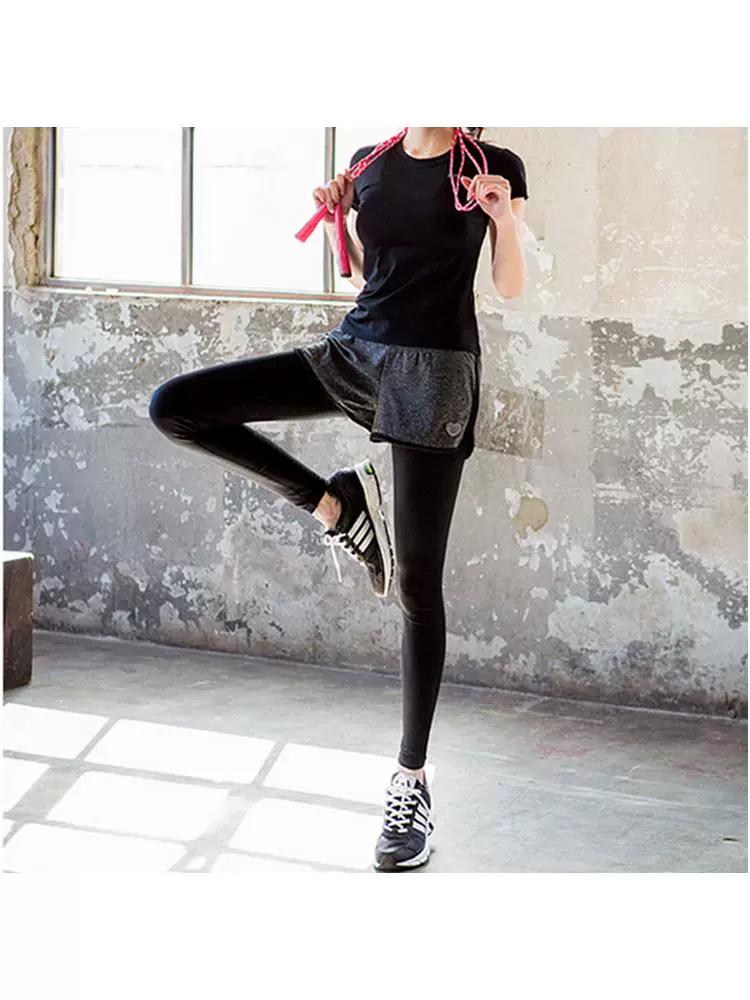 South korea Stretch Women's Sports Shorts Running Plus size Casual Fitness Yoga Suit Quick-Drying Fake Two-Piece Tight Trousers