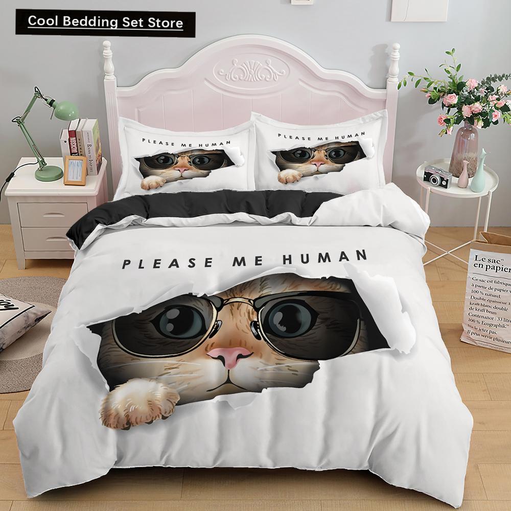 3D Cat King Queen Duvet Cover Cute Cartoon Kitty Bedding Set for Kids Teens Adults Pet Animal White 2/3pcs Polyester Quilt Cover
