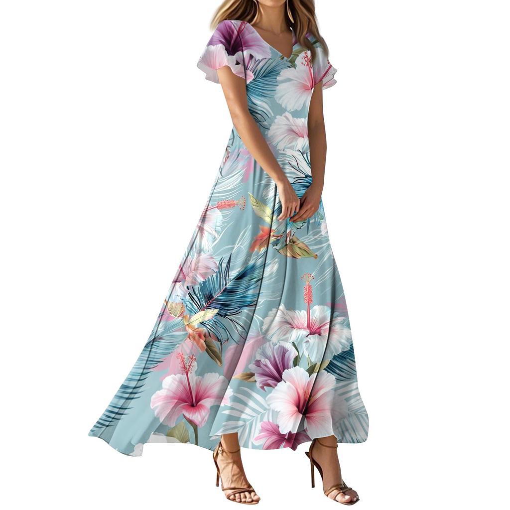 Lässiges Damenkleid mit V-Ausschnitt, kurzen Ärmeln und hoher Taille, Retro-Blumenblatt-Print
