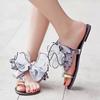 Summer New Flat-bottomed Crystal Flower Women's Sandals Lace Bow One-word Set of Toe Rhinestone Slippers