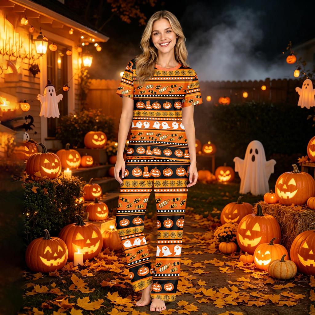 Family Matching Halloween Print Short Sleeve Pajama Set - Top and Pants for Mom and Kids