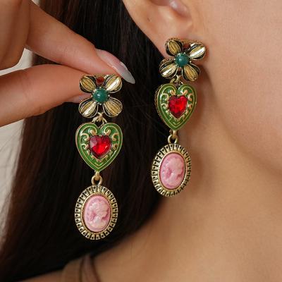 Flower Embossed Portrait Dangle Earrings Women Vintage Jewelry Accessories
