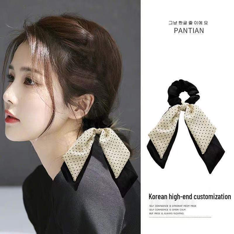 Korean Polka Dot Double Layer Scrunchie Bow Ponytail Tie Headband Hair Accessory