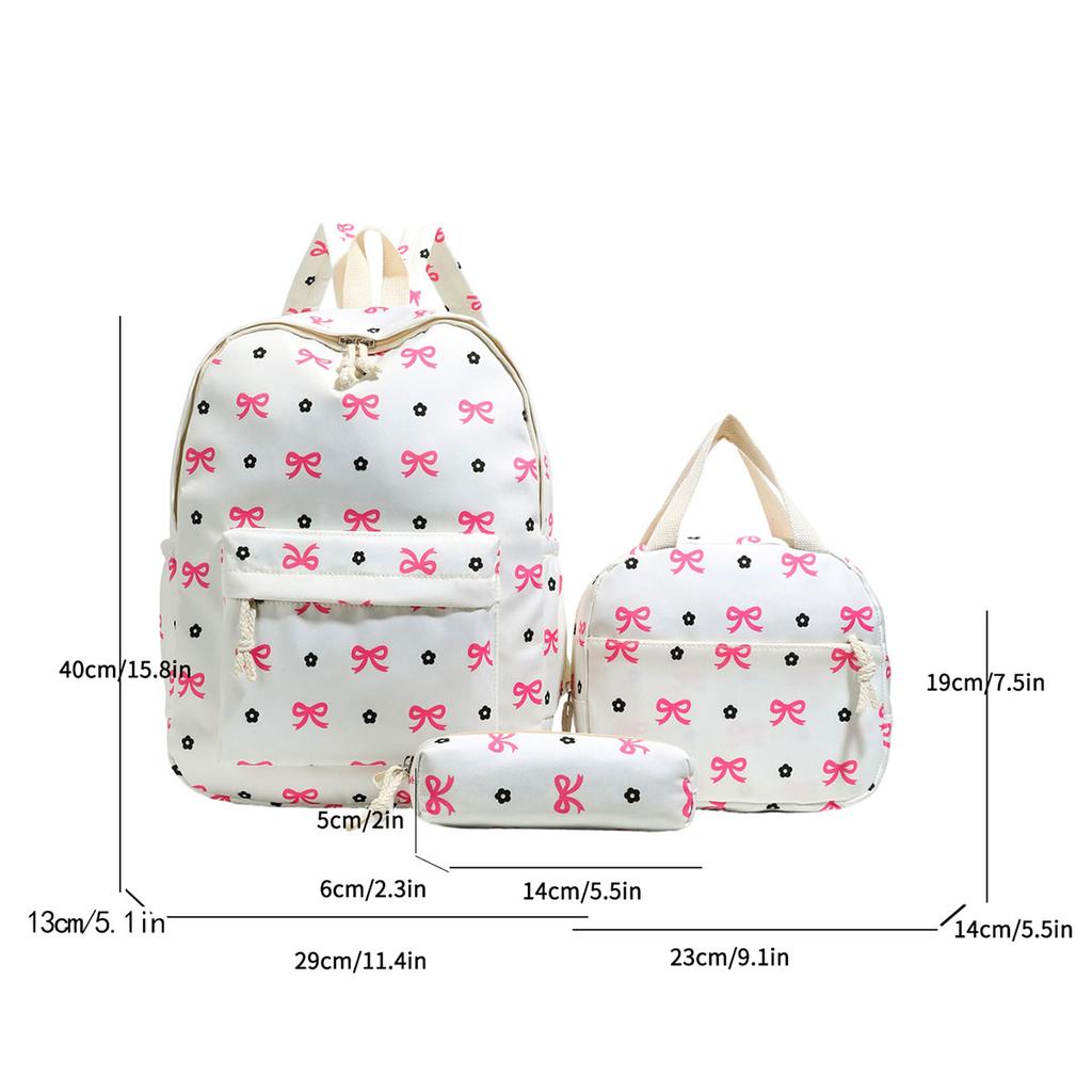 Sweet and Lovely Bow Print Three Piece Backpack Set Lightweight, Large Capacity, Multifunctional Student Backpack Campus Outdoor