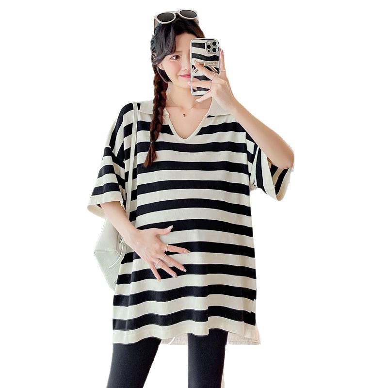 Korean Style Maternity Striped Casual Top - Plus Size, Loose, Slimming, Stylish & Age-Reducing
