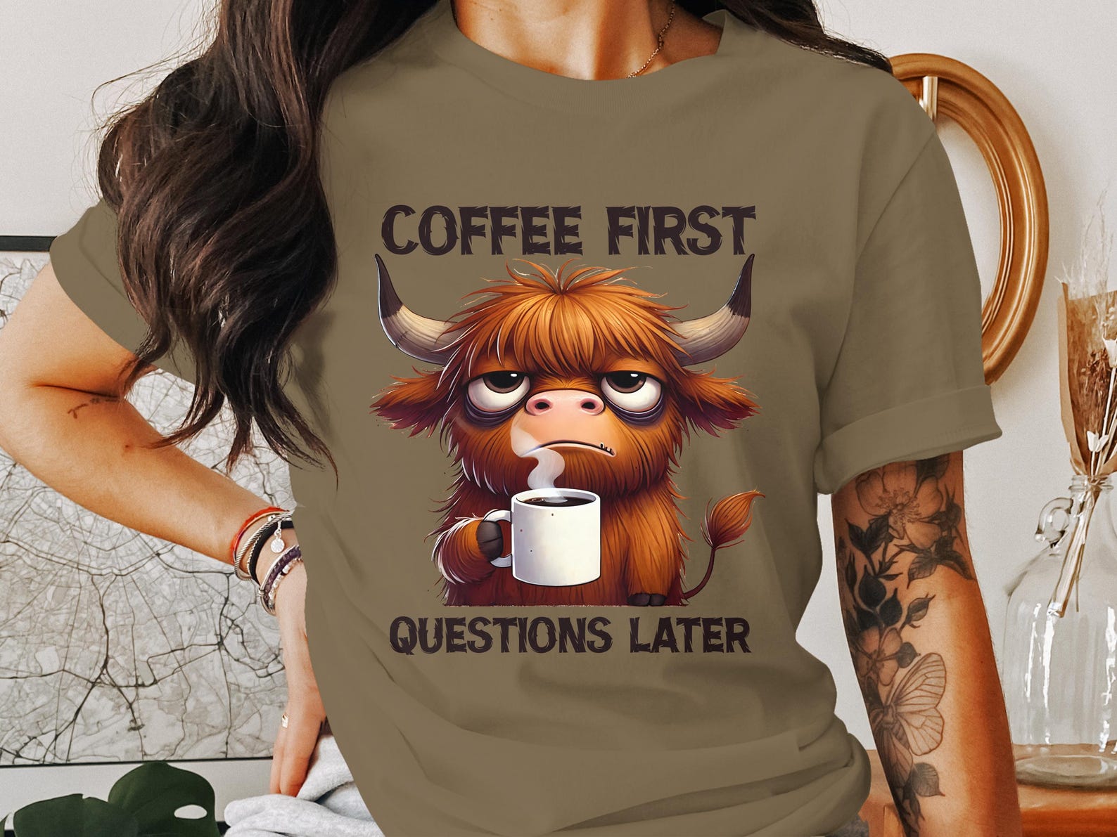 Funny Coffee First Highland Cow T-Shirt: Coffee Lover Gift XL