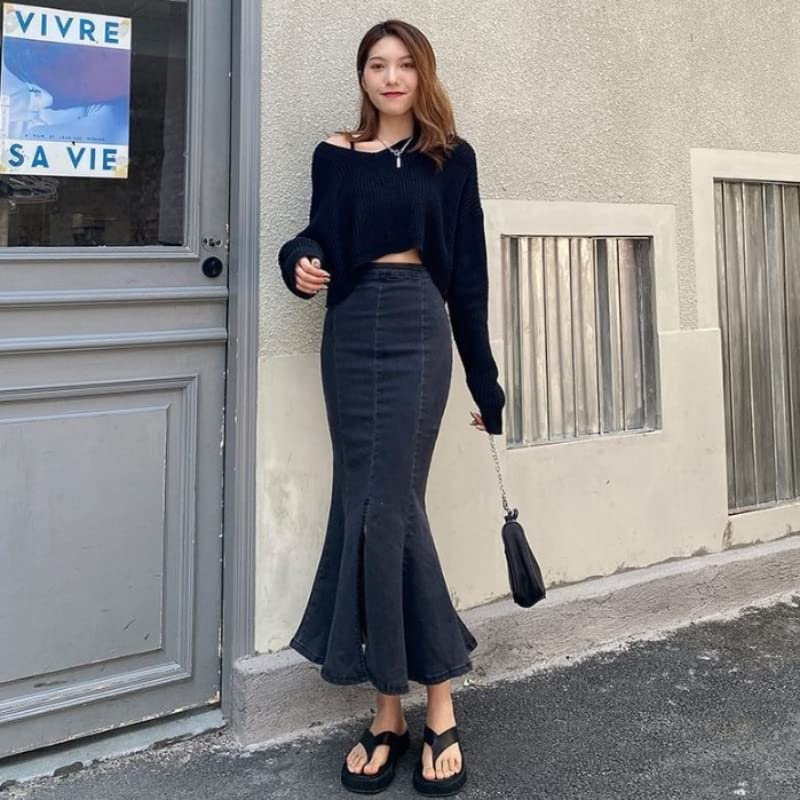 Fustă lungă, strâmtă, evazată Belle Cie Mermaid din denim, (ST/Nr. 27541) (XL, negru)