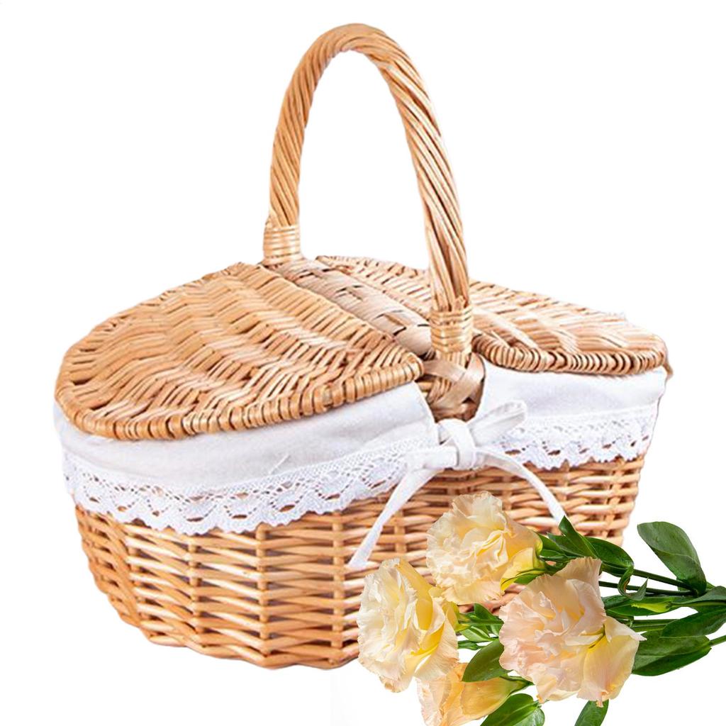 Vintage Rattan Woven Picnic Basket Hand-held Storage Basket With Handle Barbecue Accessories Wicker Woven Flower Basket