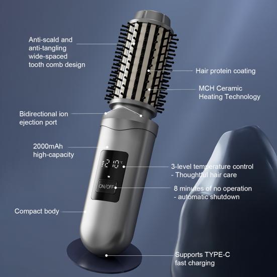 Cordless Hair Curling Iron Brush USB Rechargeable Travel Heated Round Brush 3-in-1 Fast Heating Thermal Brush Electric Hair Curling Wand Styling Tools
