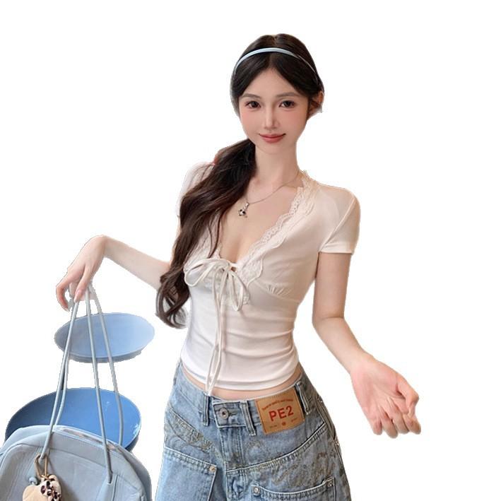 Pure desire white lace v-neck short-sleeved T-shirt women s summer design sense lace-up slim short sweet spice top S