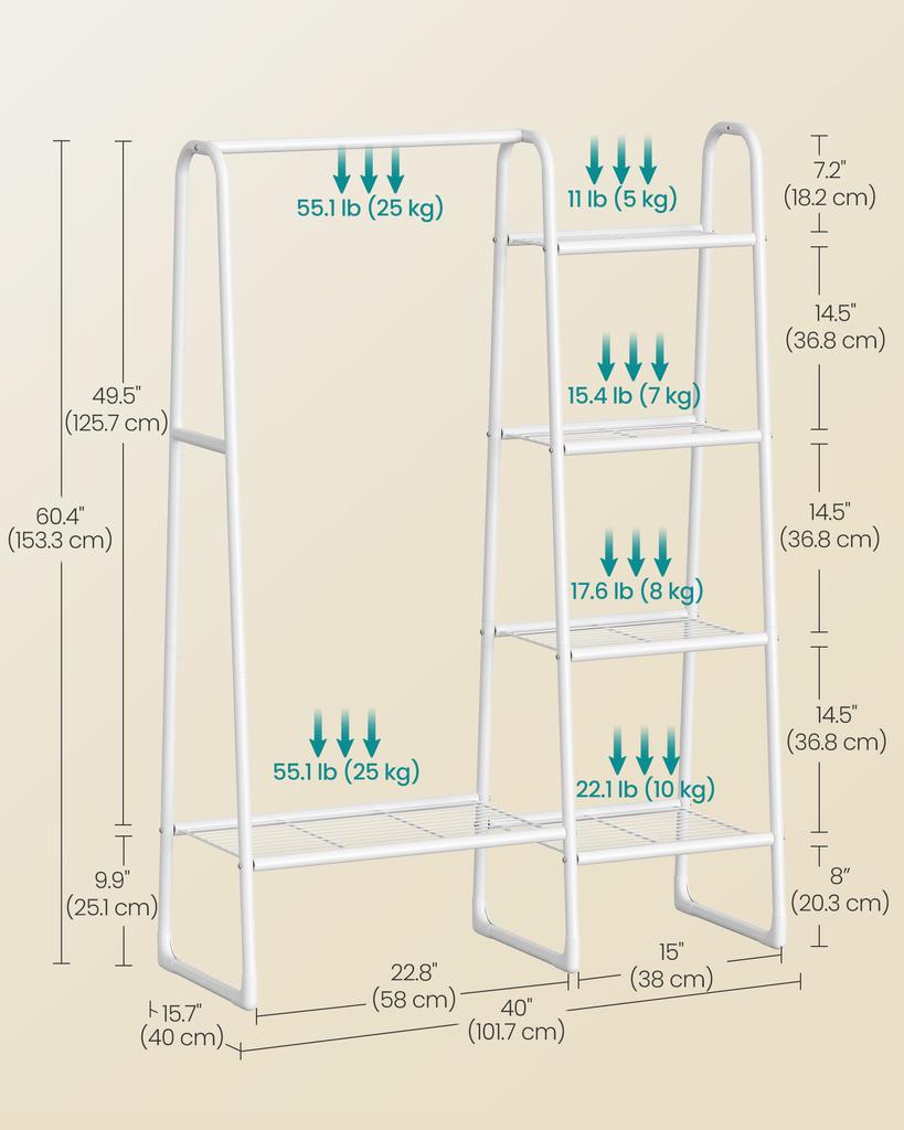 Freestanding Clothes Rail with 5 Storage Shelves, Clothes Rack, White