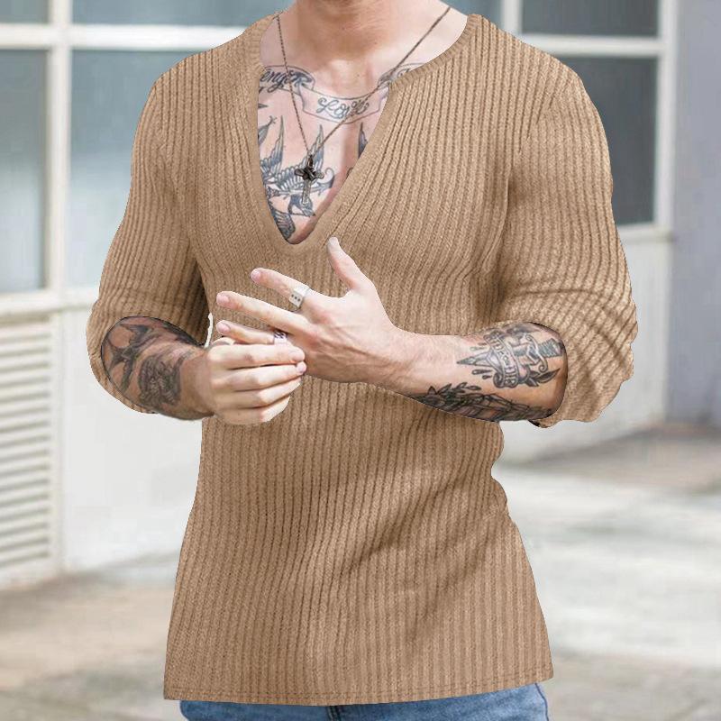 Amazon Cross-border 2023 European and American Men's Casual Autumn and Winter Deep V-neck Slim-fitting Long-sleeved Solid-color Knitted Bottoming