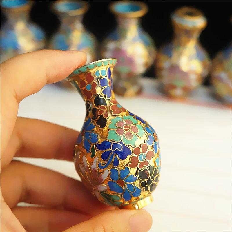 Vintage Cloisonne Vase Traditional Handmade Copper Wire Enamel Craft Golden Base Home Decor