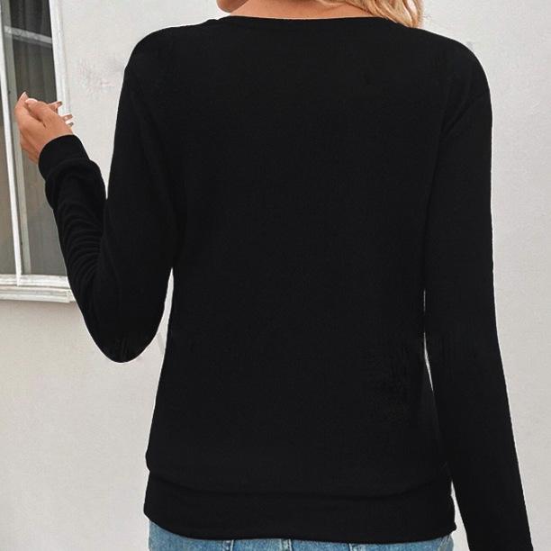 GMXIA Autumn Winter Solid Color V-neck Cross Loose Long-sleeved Casual T-shirt Top