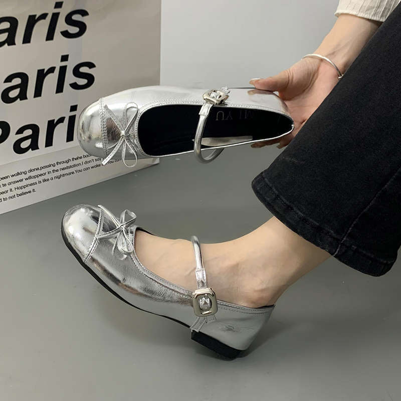 French with skirt light mouth small leather shoes women's 2025 new summer silver round head low heel flat Mary Jane single shoes