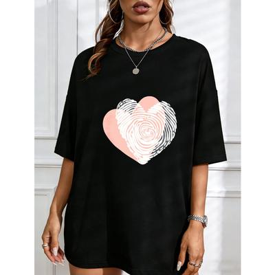 Crew Neck T Shirt White Heart Fingerprint Print Casual Wear For Women