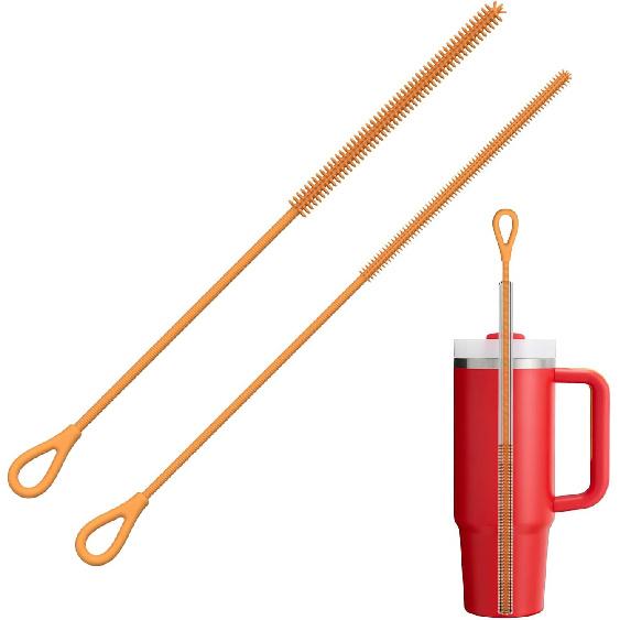 YOTIME Silicone Straw Cleaner Brush, 2Pcs Reble Straw Brush Extra Long for Cleaning Tumbler with Handle and Glass Metal Smoothie Straws, Non-slip