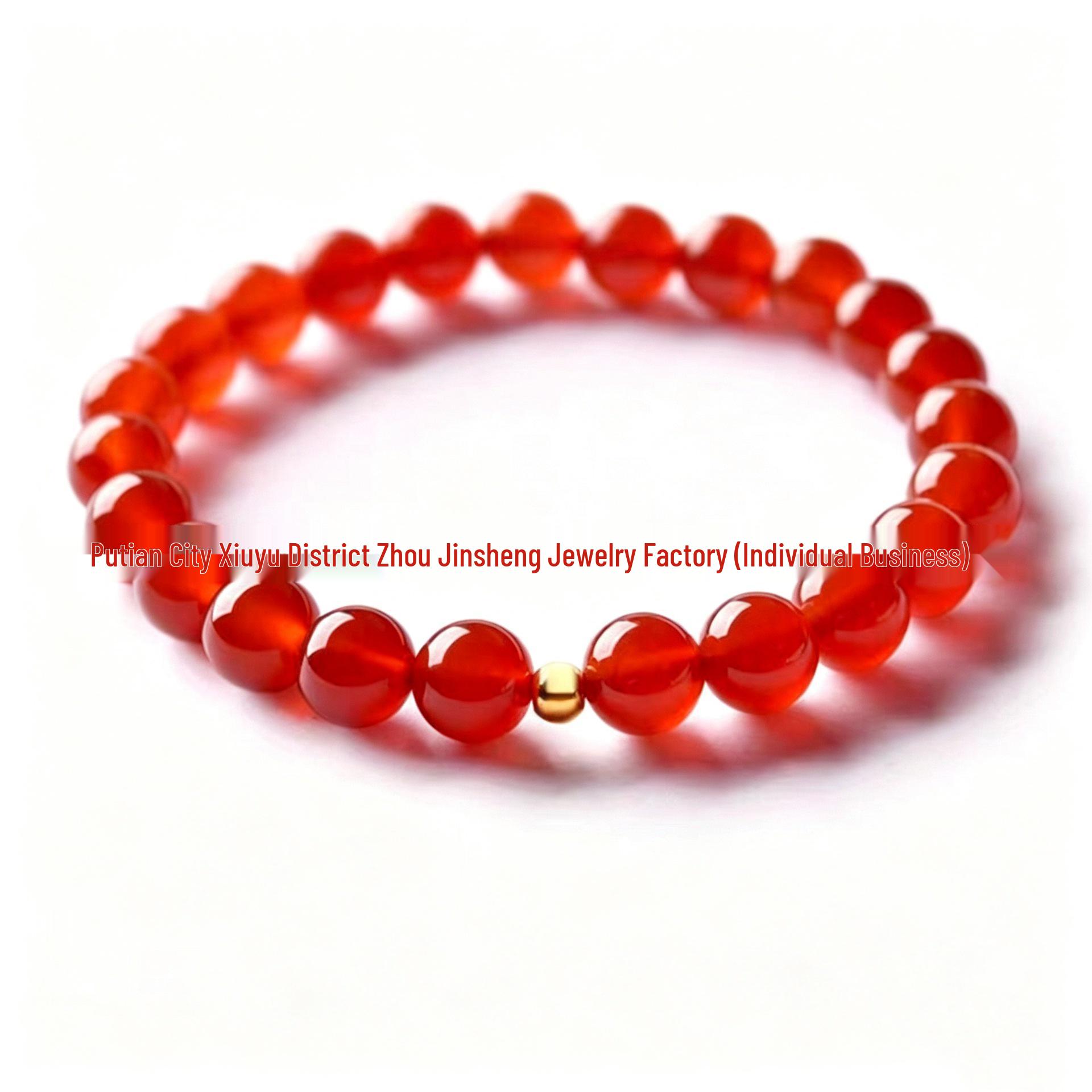 Red Agate and 999 Sterling Gold Lily Flower Bead Bracelet - Pure Gold Woven String Gift for Women Single Bracelet