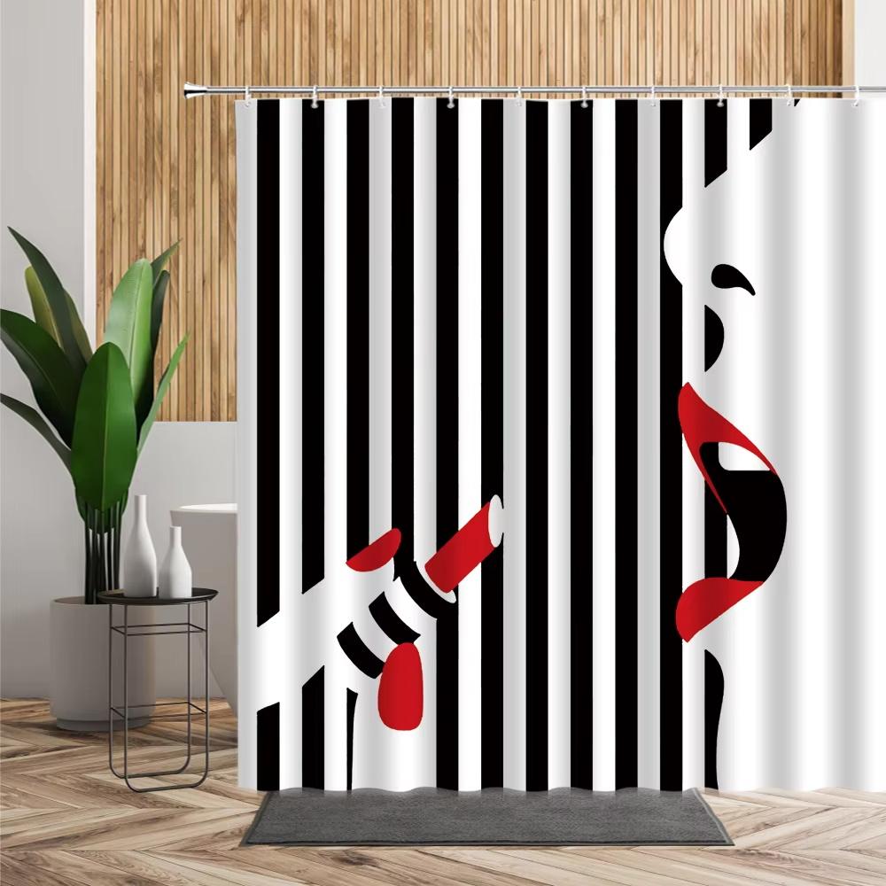 Fashion Girl Pattern Shower Curtain Black White Stripe Bathroom Decor Accessories American Style Bath Curtains Waterproof Cloth