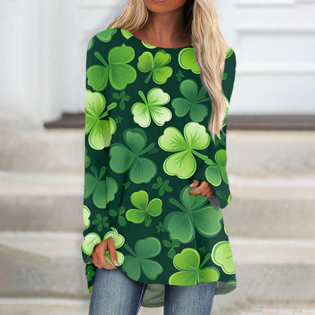 Moda casual pentru femei St. Bluză cu mâneci lungi, lungime medie, cu imprimeu de Ziua Sfântului Patrick