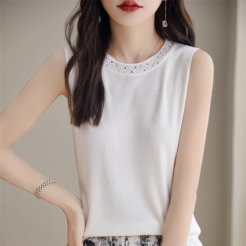 Trendiges ärmelloses Stricktop aus Eis-Seide: Damen Hot Drill Mode Camisole mit Rundhalsausschnitt