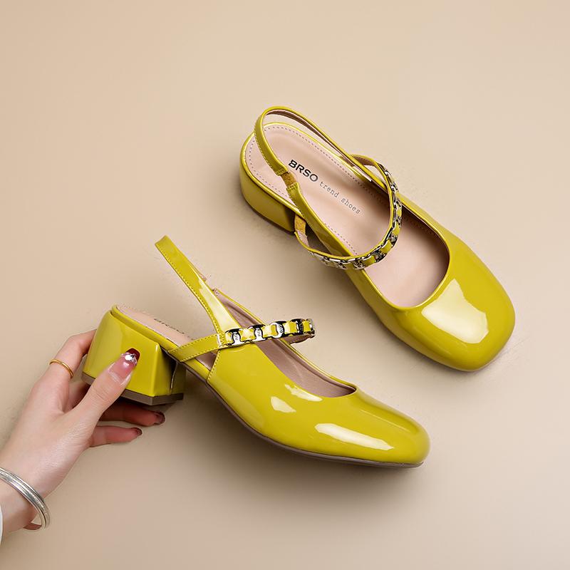 Mary shoes, new spring and summer women's yellow thick heel, diamond heel, hollow heel, high heel sandals, women's Korean style