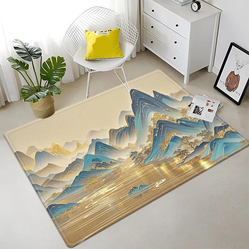 Chinese Landscape Art Area Rug Collection Exquisite Traditional Ink Painting Gold Foil Pattern Floor Mat For Living Room