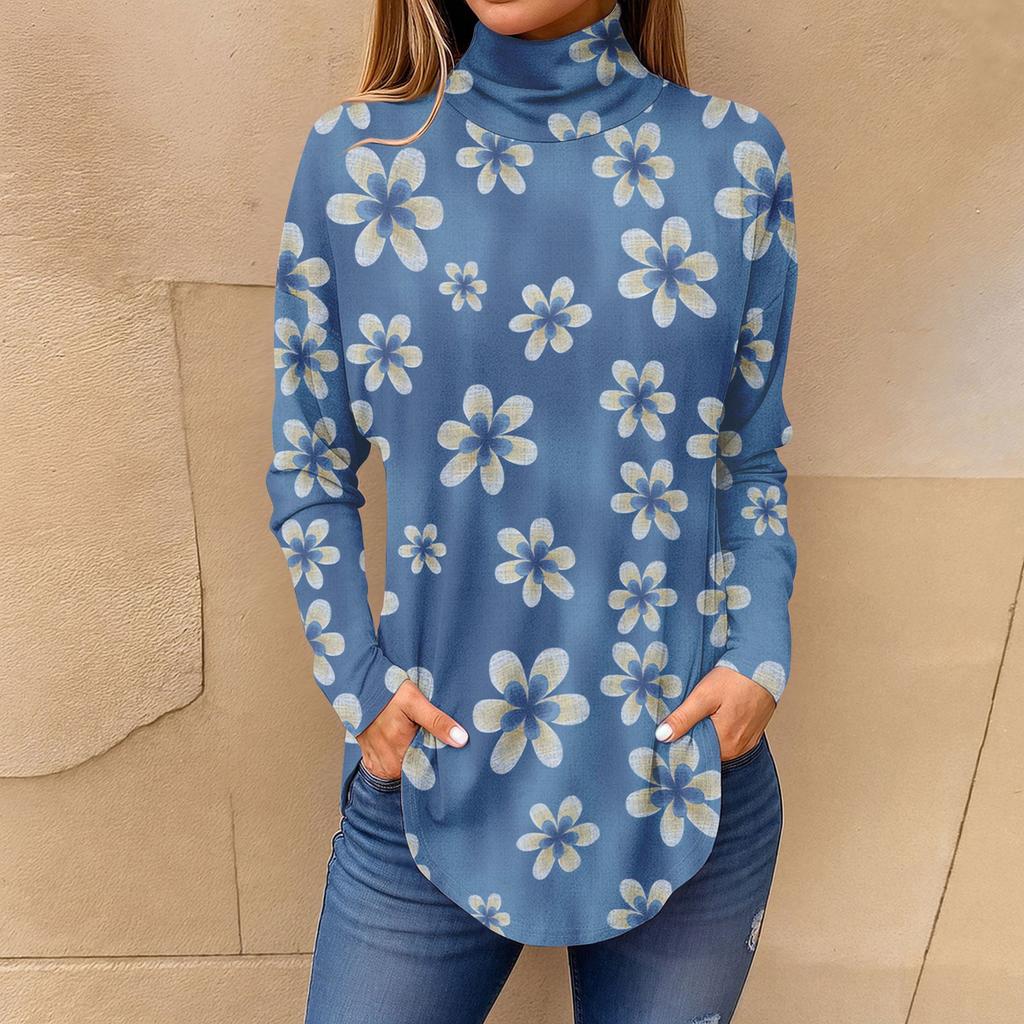Tee Shirts For Women Fall Casual Long Sleeve Shirts Sweatshirt Vintage Printed High Neck Top Pullover