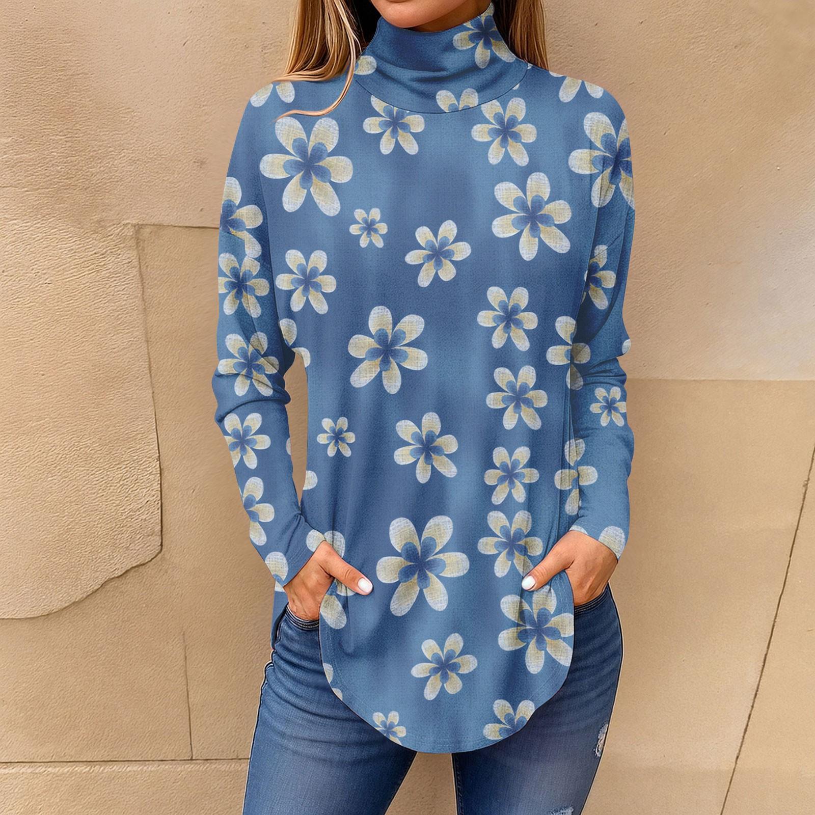 

Tee Shirts For Women Fall Casual Long Sleeve Shirts Sweatshirt Vintage Printed High Neck Top Pullover XXL синій