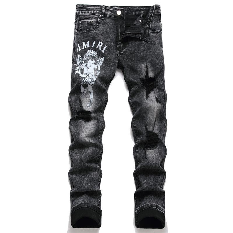 

AM Slim Fit Elastic Stir Fried Sand Angel Cotton Elastic Black Leather Label Perforated Print Fashionable Men s Clothing Jeans