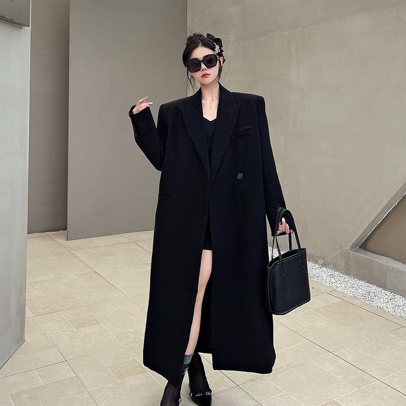 Черный длинный свободный костюмный пиджак для женщин - Стиль модели высокого класса Medium
