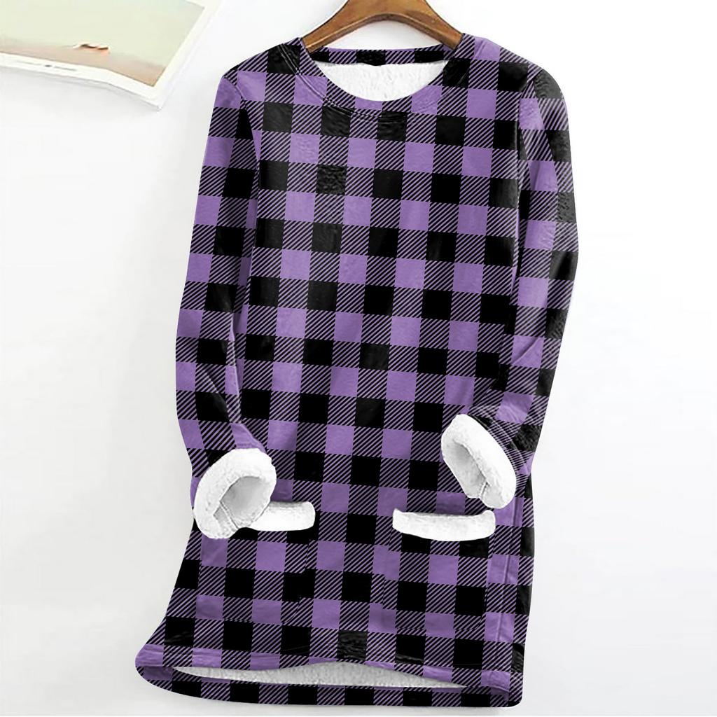 Women's Fashion Plaid Print Round Neck Long Sleeve Plush Winter Warm Pullover Top