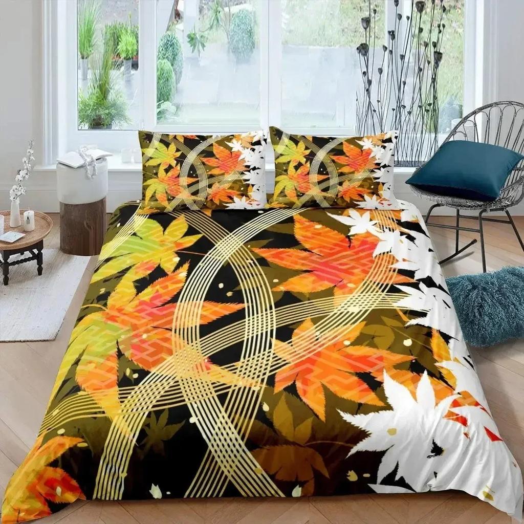 Maple Leaves Duvet Cover Set Colorful Autumn Season Maple Leaves In Unusual Designs Nature Print King Size 3D Bedding Set