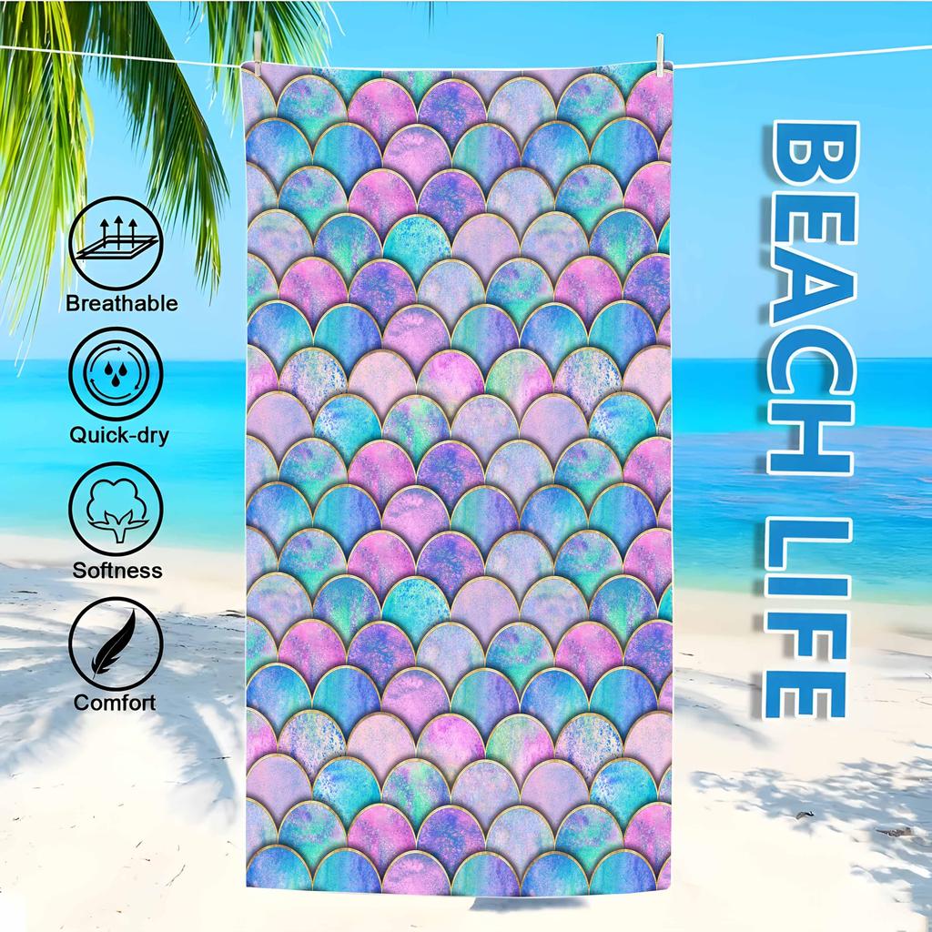 Swimming Bath Towel Microfiber Mermaid Fish Scale Pattern Thin Absorbent Extra Large Towel for Swimming Camping Yoga Bath Sports