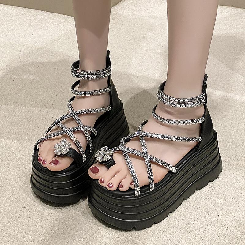 Fashion Summer Crystal Sandals 8CM Wedge Heels Sneakers New Women Beach Flip Flop High Platform Casual Breathable Walking Shoes