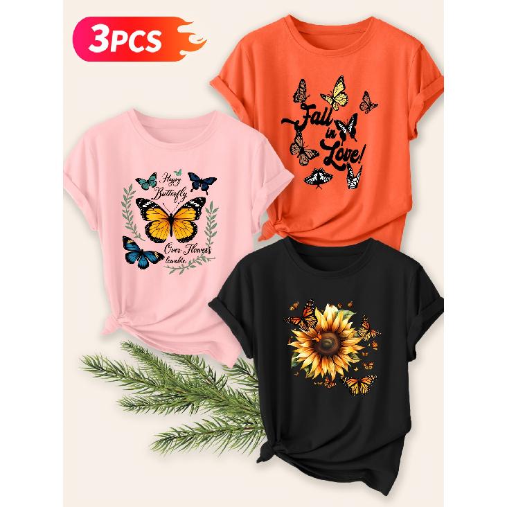 Three-piece Set Elegant Short-sleeved Shirt for Women Butterfly and Sunflower Print Round Neck Women's T Shirt Suitable for Spring