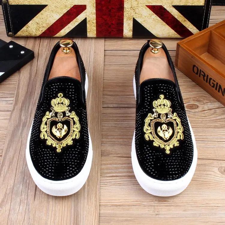 2025 New Men Tide Leather Casual Shoes Fashion Luxury Embroidery Twinkling Rhinestone Flat Shoes Leisure Sneakers Loafers