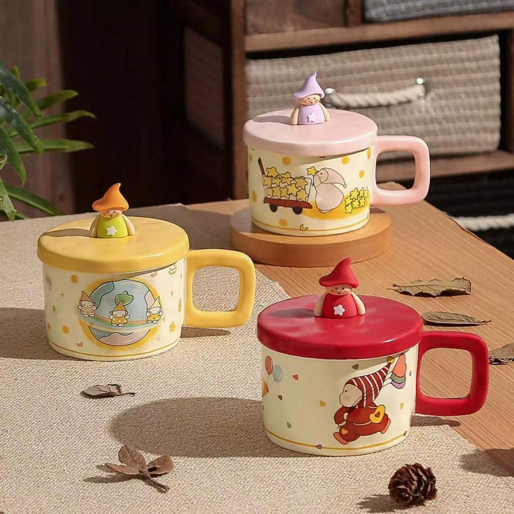 Cute Cartoon Star Cup High Value Ceramic Mug Large Capacity Couple Water Cup with Lid Coffee Cup Gift