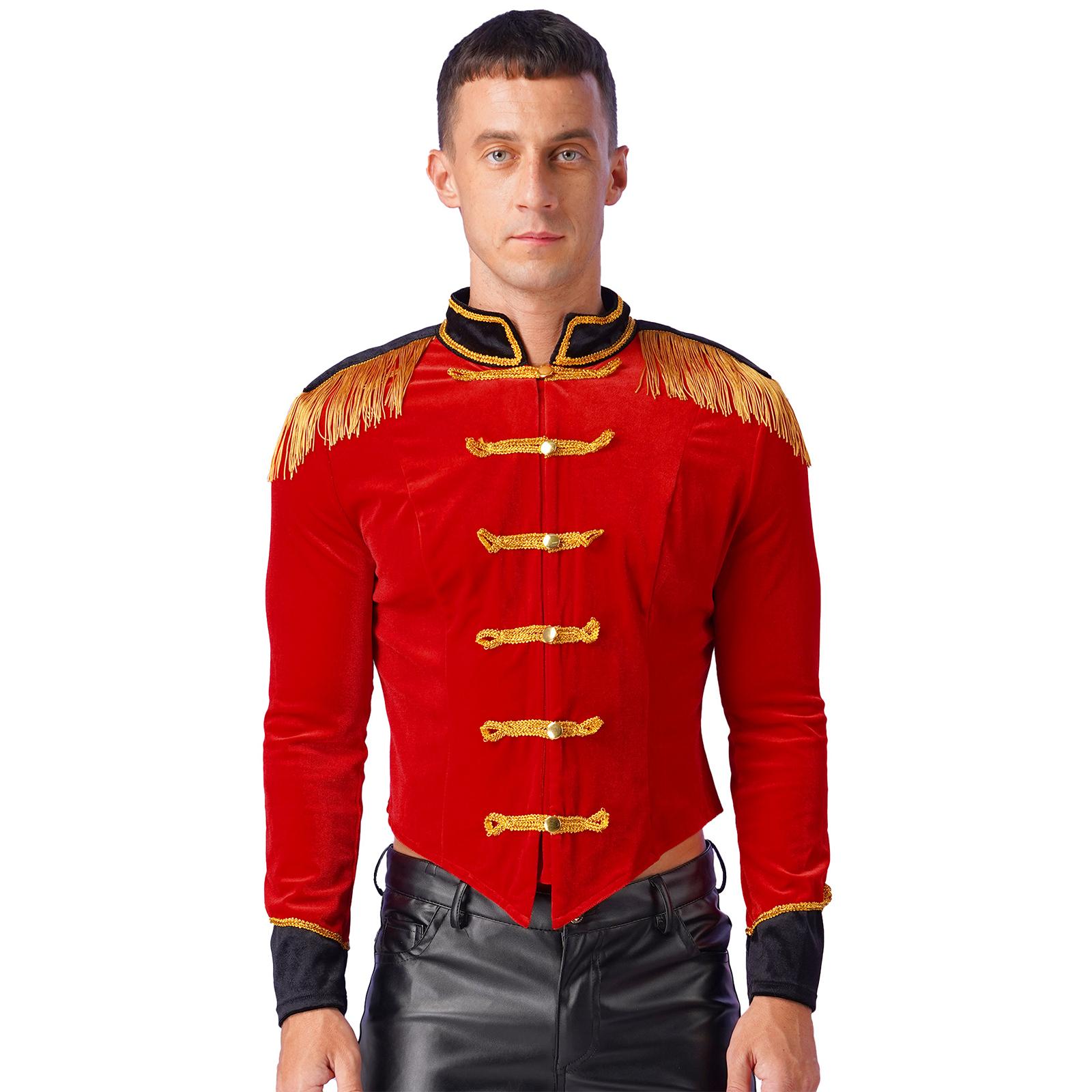 Heren Dames Circus Kostuum Ringmeester Jas Tops Lange Mouw Disfraz Circo Franje Schouderstuk Fluwelen Jas voor Halloween S rood