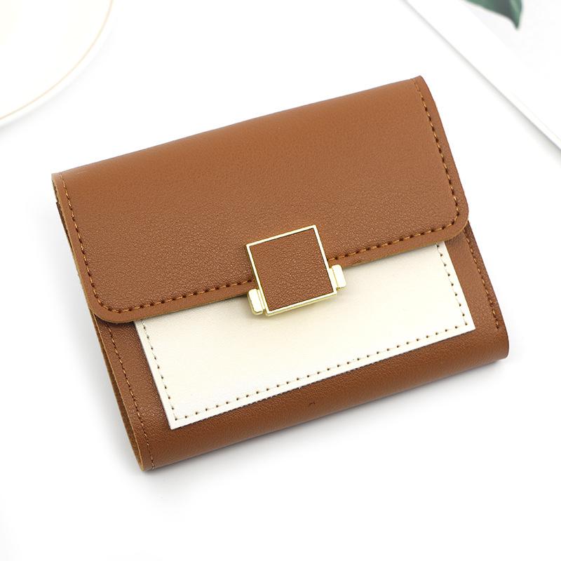 

Fashion Women Wallet Luxury PU Leather Patchwork Short Purse Slim Trifold Card Holder Female Small Square Buckle Clutch Coin Bag коричневий
