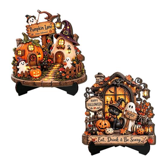 Centros de Mesa de Halloween Cartel de Madera para Mesa, Calabaza Gato Negro Fantasma Casa Encantada Placa Decorativa Manualidades de Relieve Tridimensional con Soporte,
