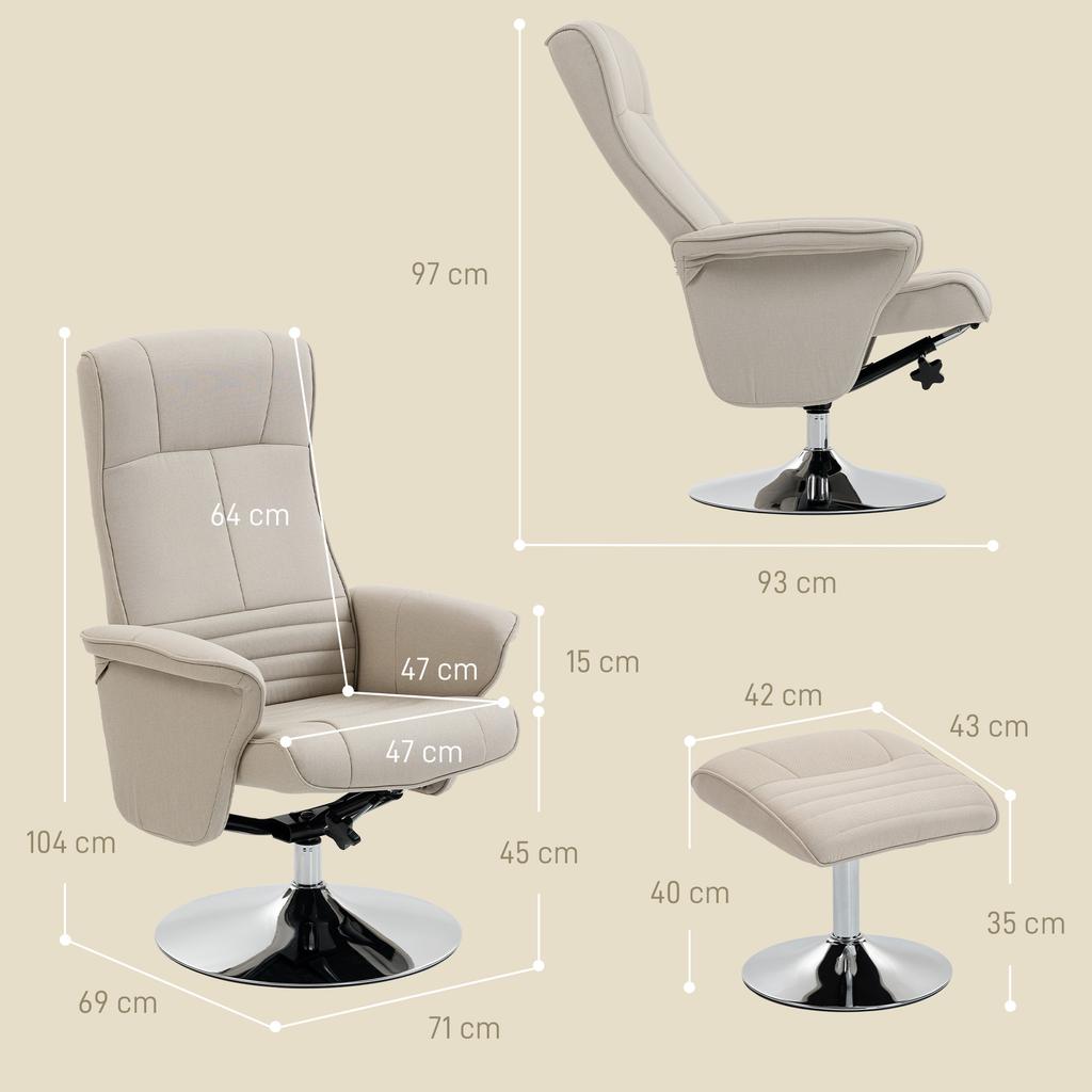 Reclining relax armchair 135 degrees swivel 360 degrees with footrest fabric upholstery beige