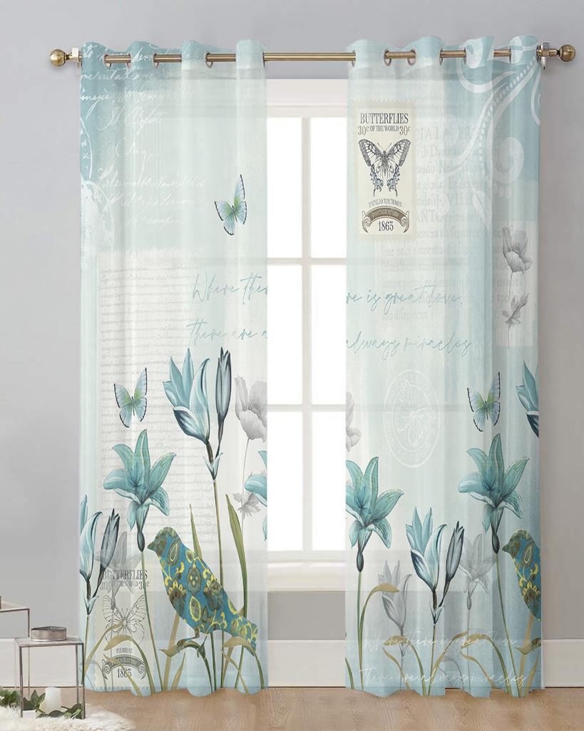 Rustykalne Vintage Tulipan Kwiat Ptak Przezroczyste Zasłony do Dekoracji Salonu Zasłony Okienne Kuchenne Tiul Woal Organza