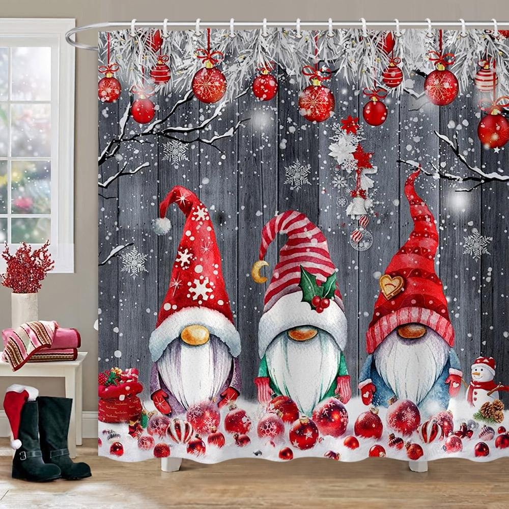 Winter Christmas Shower Curtain Red Truck Snowman Reindeer Snowy Farmhouse Bath Curtain Washable Polyester Fabric Bathroom Decor