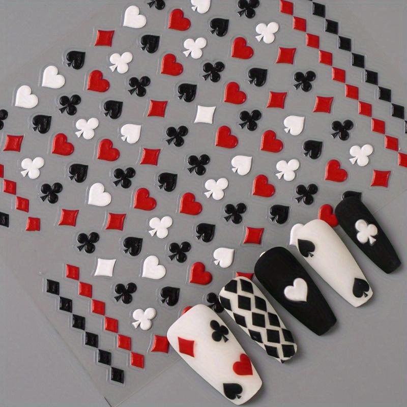5D Embossed Black Red Poker Nail Stickers Cartoon-Style Matte Self-Adhesive Decals with Hearts Spades & for Manicures Disposable Nail Art Decorations