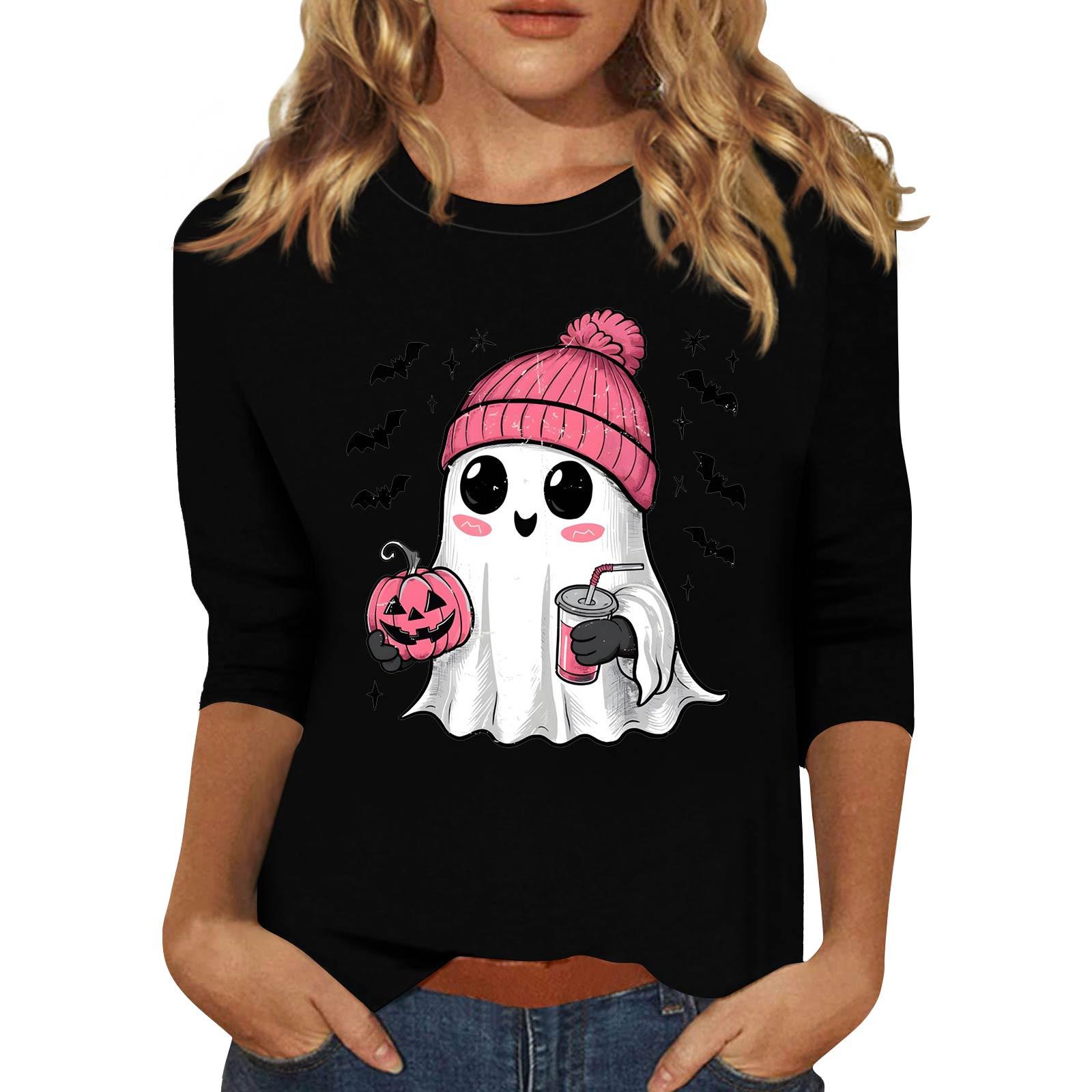 

Женская модная повседневная футболка с рукавом три четверти, с принтом на Хэллоуин и круглым вырезом XL чёрный