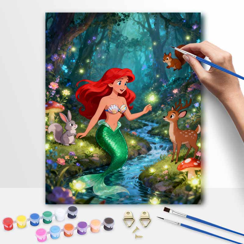 Disney digital oil painting diy oil painting mermaid forest animals hand painting living room bedroom decoration painting 20x30cm