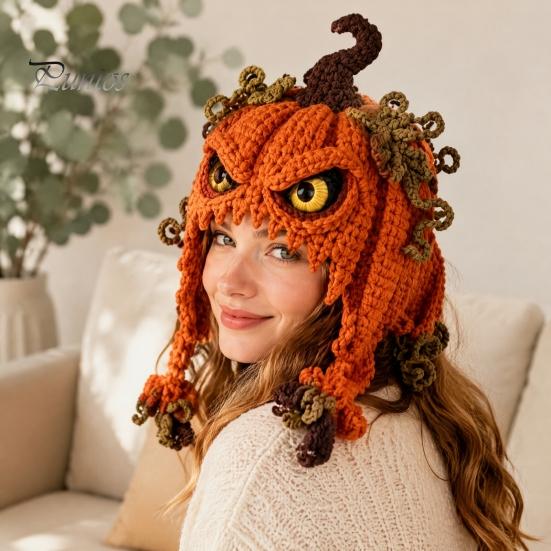 DIY Animal Hood Hat Halloween Crochet Kit, Skull Spider Bat Beginner Friendly Yarn Kit Spooky Pumpkin Earflap Craft for Adults Teens, Autumn